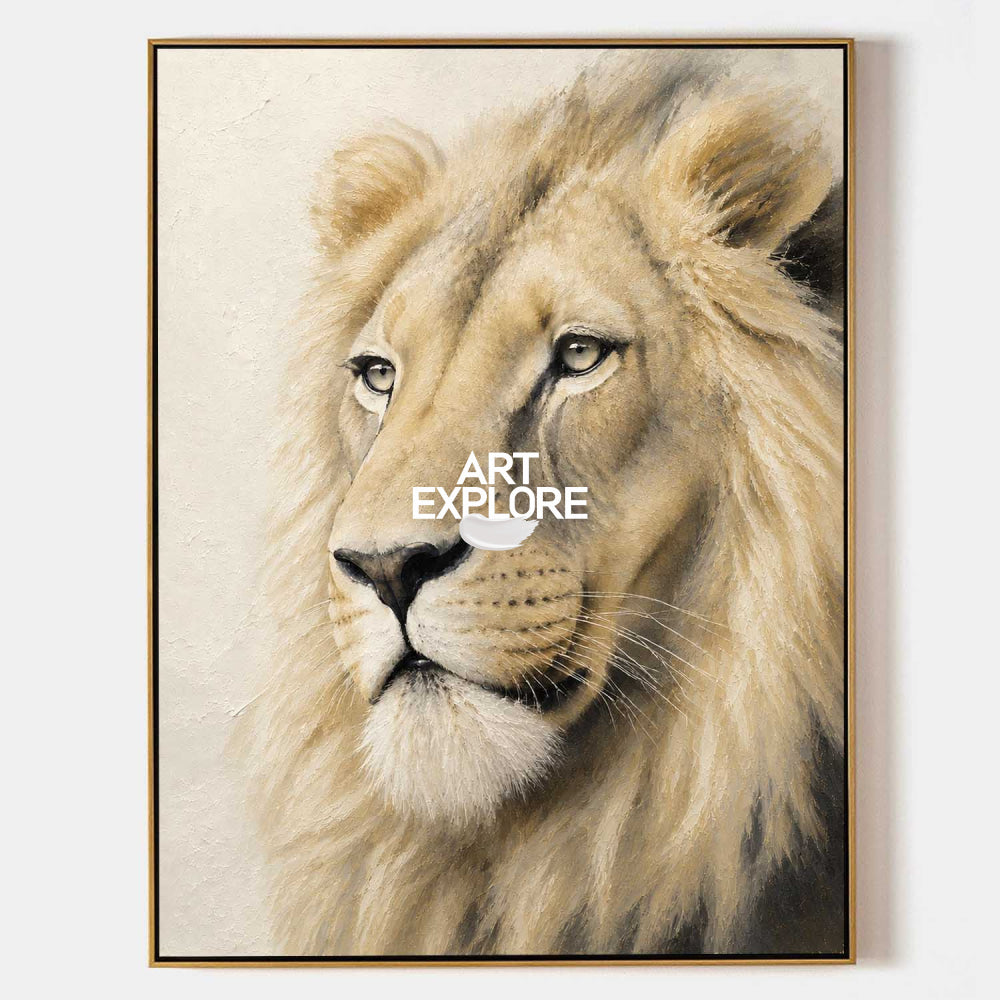 Majestic Lion Portrait Painting Textured Neutral Wall Art For Modern Living Room