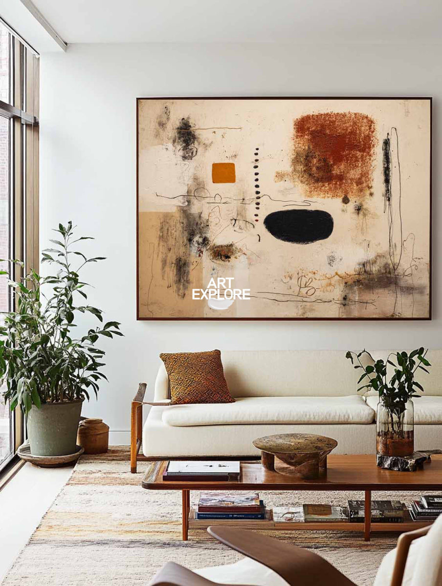 Large Modern Abstract Painting With Earthy Beige And Black Tones For Living Room Decor