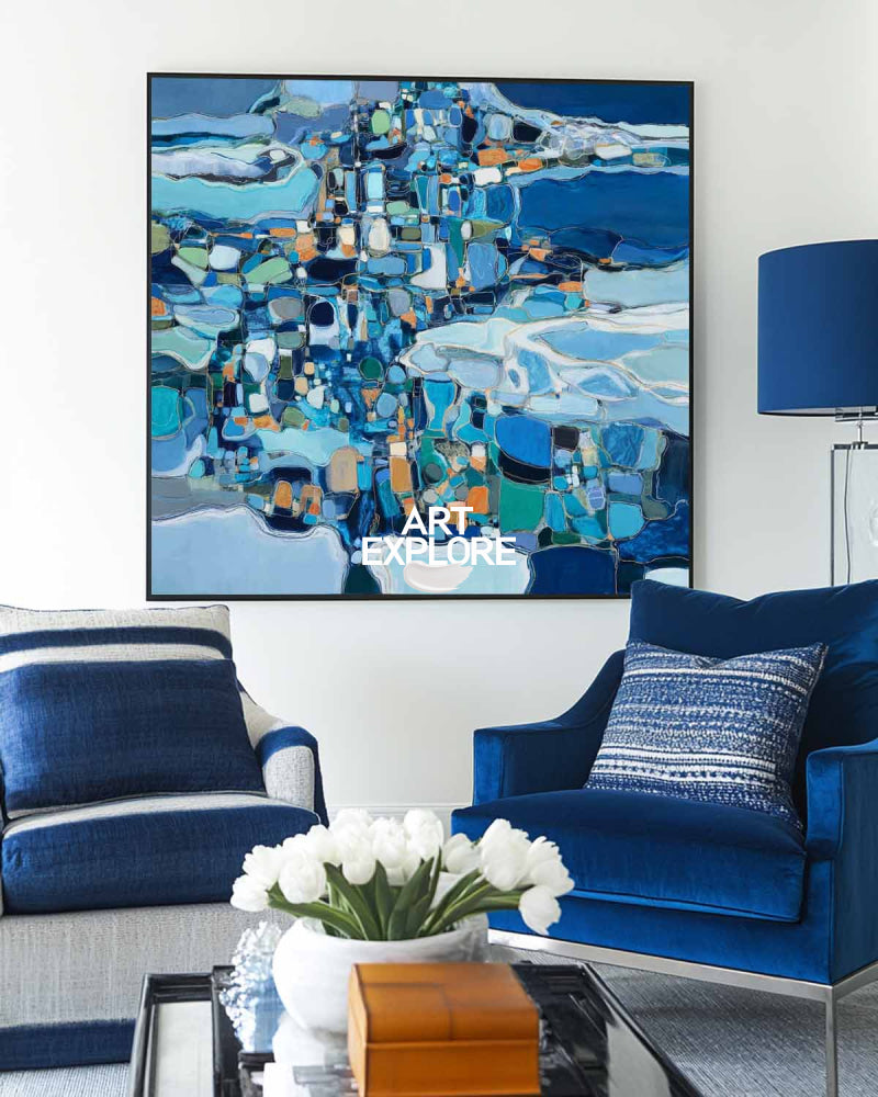 Abstract Blue Seascape Oil Painting Modern Square Canvas Art For Home Decor