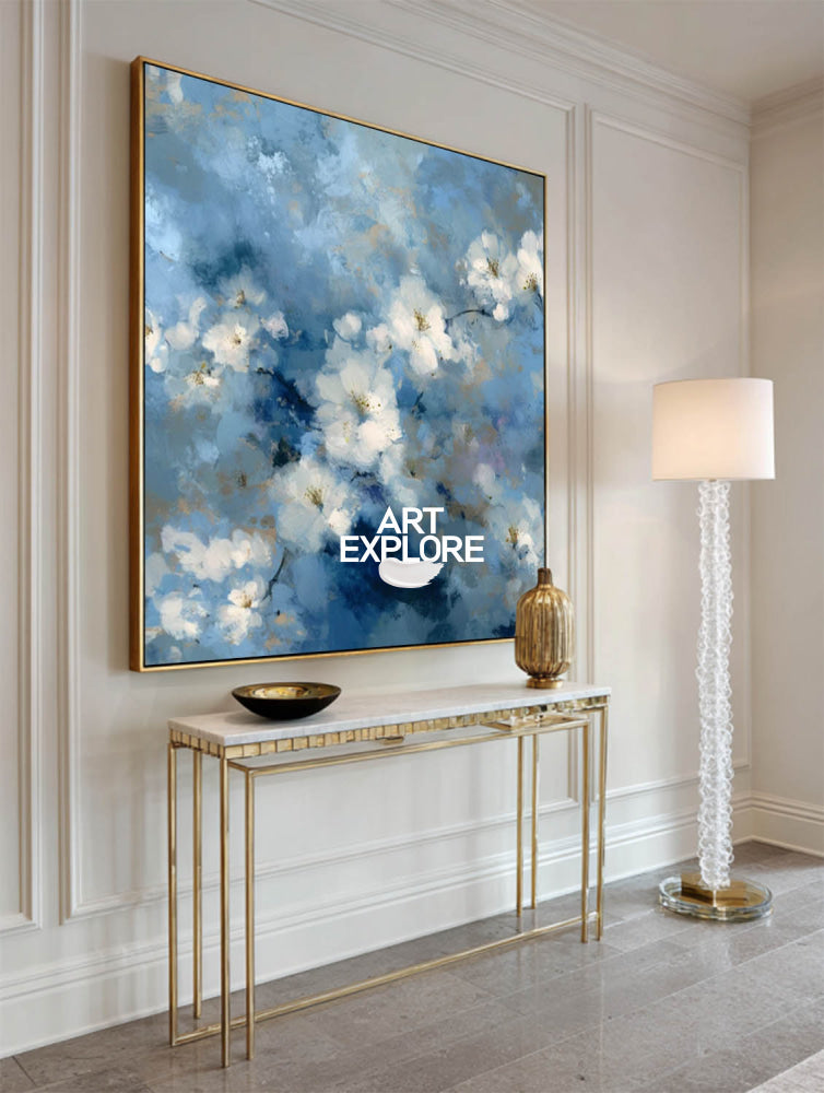 Modern Blue And White Floral Oil Painting On Canvas For Living Room Decor