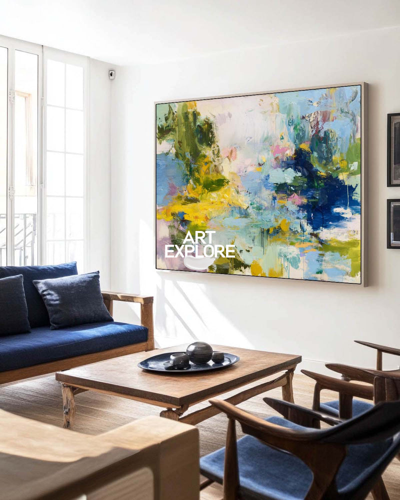 Large Abstract Impressionist Painting With Blue And Yellow Tones For Modern Living Room Decor