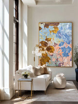 Original Blue And Gold Botanical Abstract Art Painting For Modern Home Decor