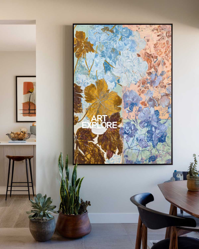 Modern Abstract Floral Painting With Gold Leaves For Living Room Decor