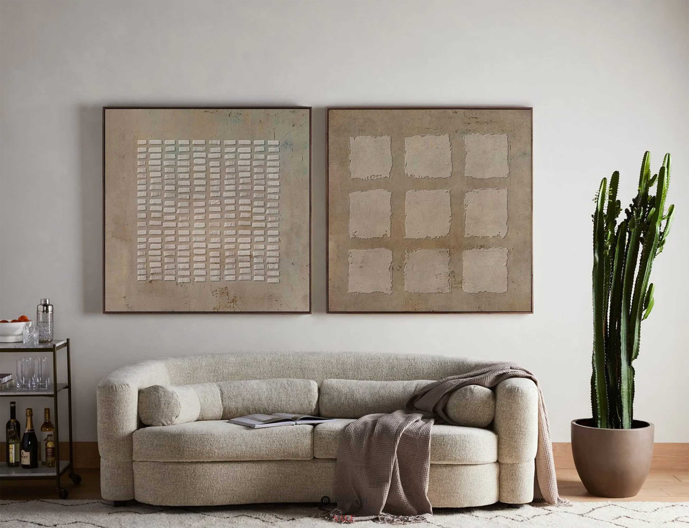 Wabi-Sabi Brown Minimalist Painting Plaster Painting Abstract Square Framed Art For Sale