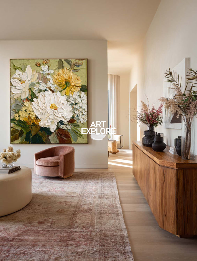 Large Textured Floral Oil Painting White And Green Abstract Art For Living Room