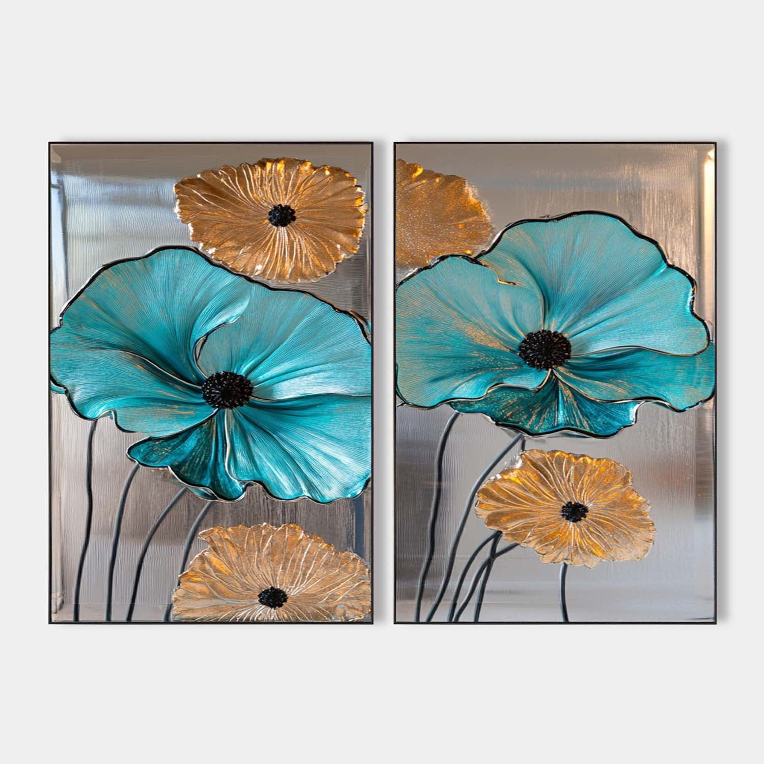 Diptych Turquoise Flowers Art Painting, Set Of 2 Silver Color Rich Texture Art Large Abstract Wall Art