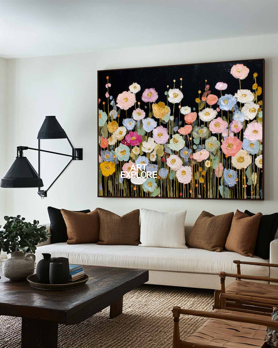 Modern Abstract Floral Painting With Gold Accents On Black Canvas For Living Room Decor