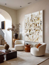 Modern Abstract Beige Painting With Mosaic Texture For Living Room Decor