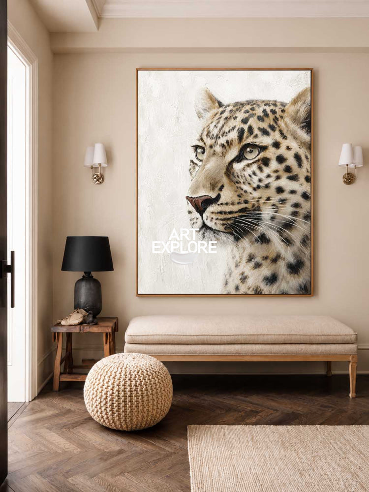 Modern Leopard Portrait Painting With Abstract Textures For Contemporary Living Room Decor