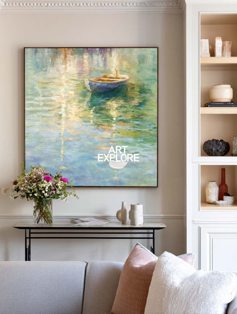 Original Impressionist Lakeside Painting With Rowboat For Elegant Living Room Wall Art