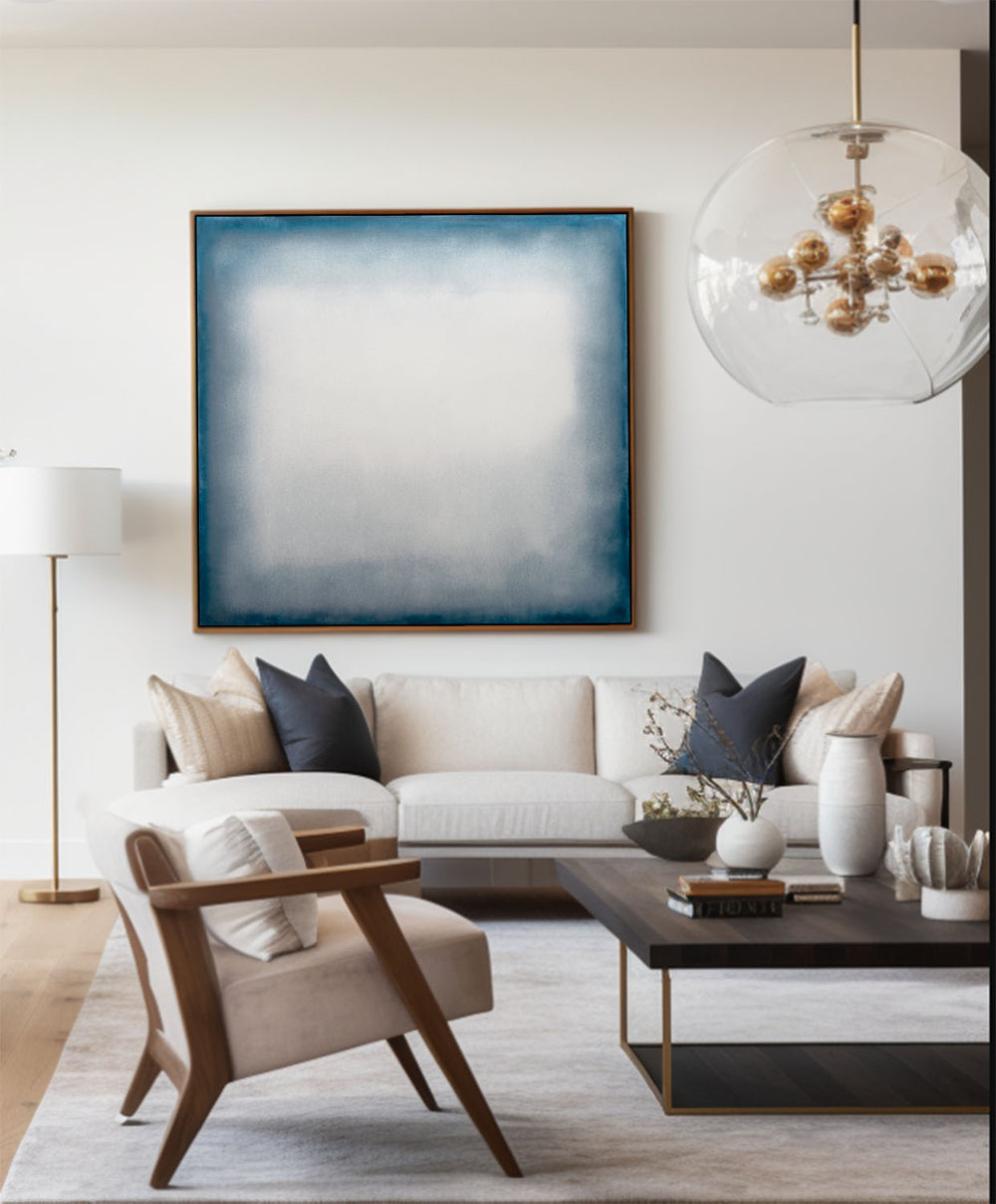 Large Blue Minimalist Oil Painting for Living Room | Modern Wabi-Sabi Art - ArtExplore