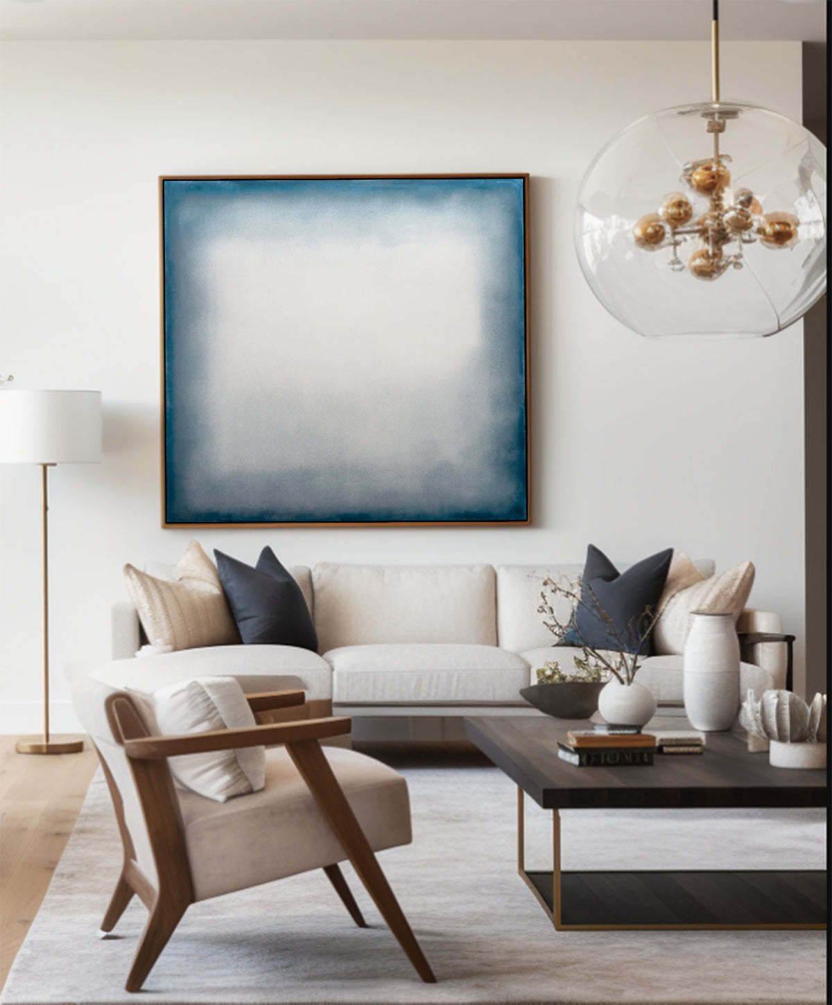 Large Blue Minimalist Oil Painting for Living Room | Modern Wabi-Sabi Art - ArtExplore