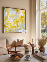 Vibrant Yellow Abstract Painting For Modern Living Room With Dynamic Brushstrokes