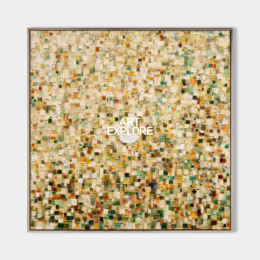 Abstract Mosaic Oil Painting With Vibrant Green And Gold Tones For Modern Living Room Decor