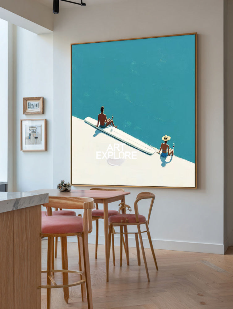 Abstract Coastal Summer Art With Turquoise Sea And Relaxing Figures For Modern Home Decor