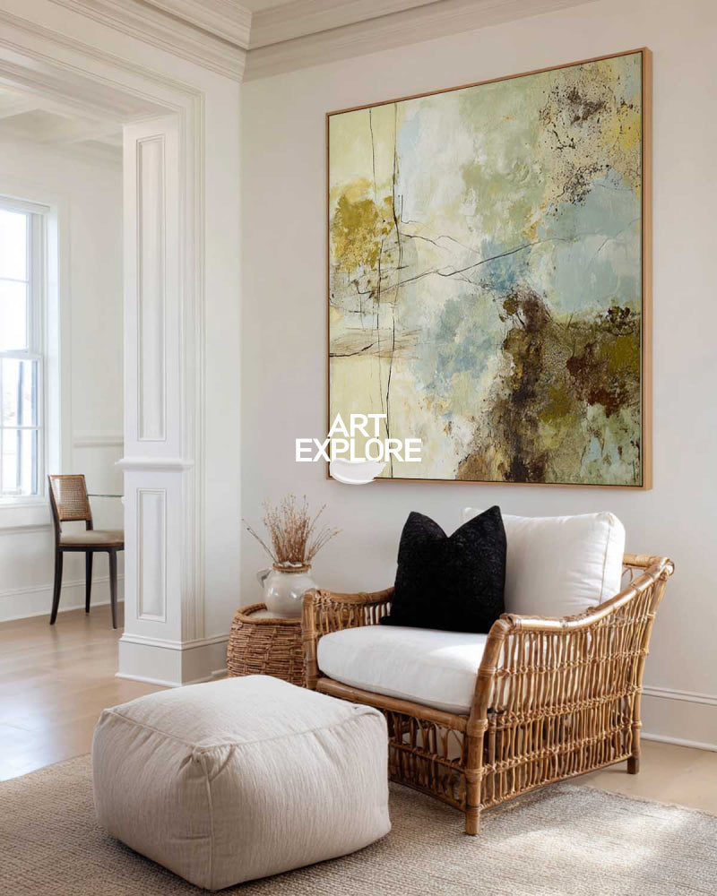 Abstract Modern Green Blue Beige Square Oil Painting On Linen Canvas For Living Room