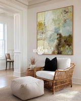 Abstract Modern Green Blue Beige Square Oil Painting On Linen Canvas For Living Room