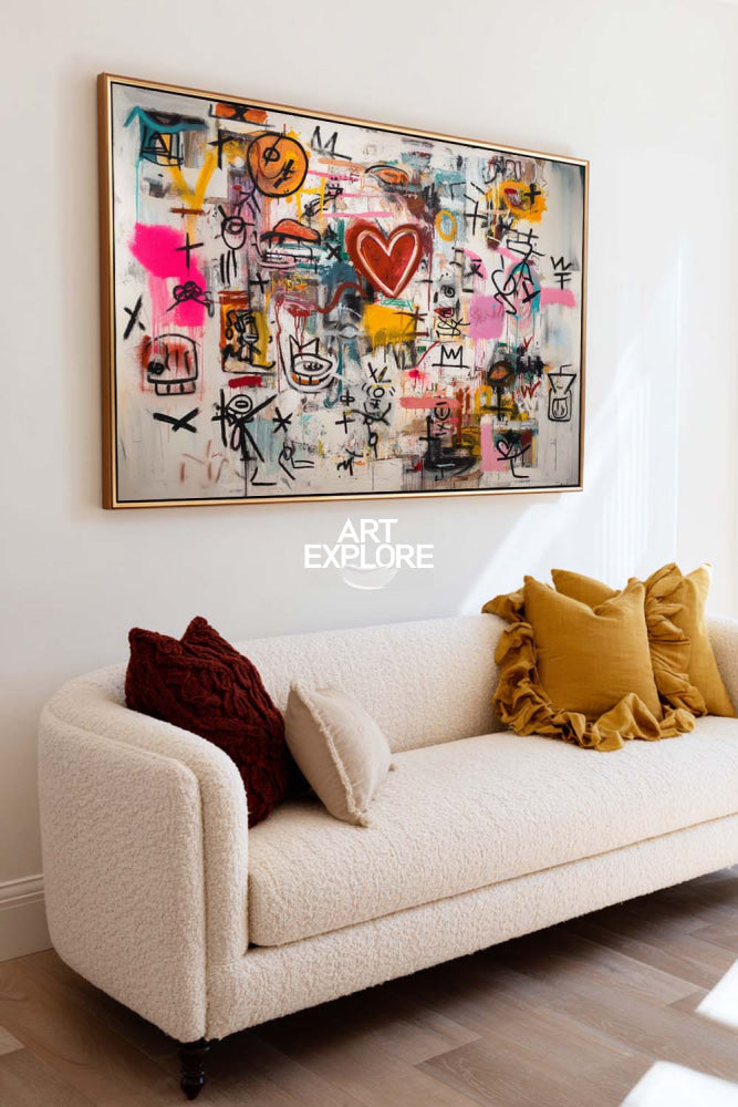 Vibrant Graffiti Abstract Art With Red Heart For Modern Living Room Decor