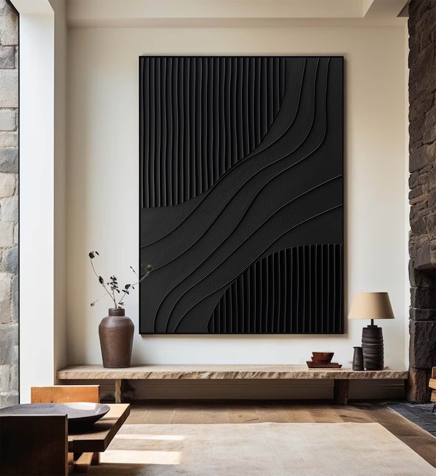 Black 3D Texture Painting Modern Minimalist Luxury Art Black Abstract Wall Art Black 3D Abstract Painting on Canvas