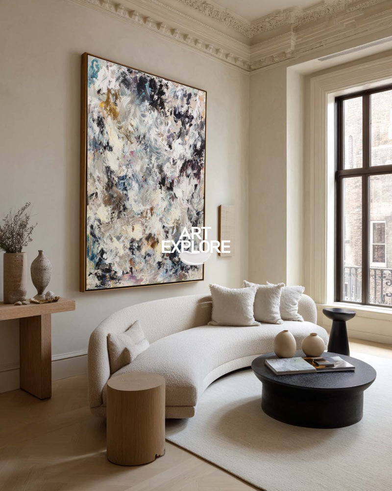 Modern Black And White Abstract Painting With Textured Impasto For Contemporary Living Room Decor