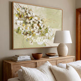 Modern Floral Oil Painting With Textured Green And White Blossoms For Living Room Decor