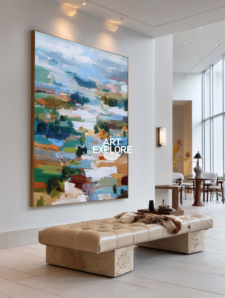 Original Abstract Landscape Oil Painting With Mosaic Patchwork Effect For Modern Home Decor