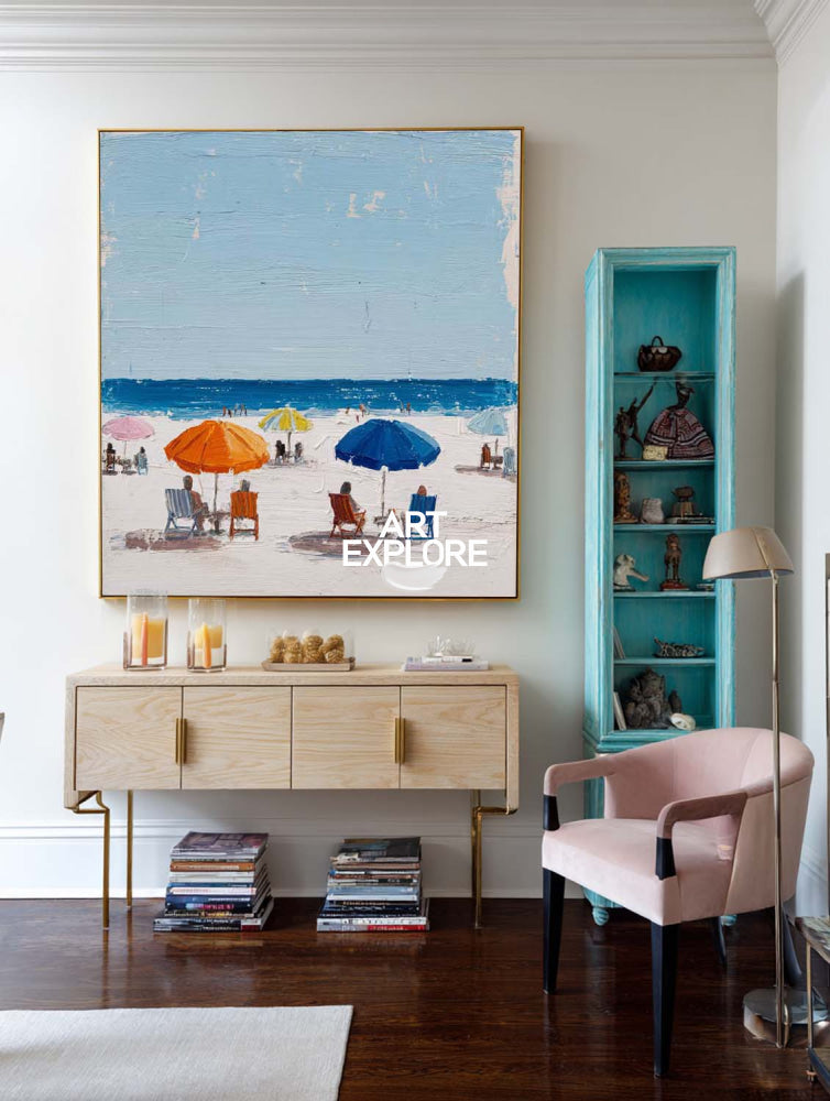 Vibrant Abstract Beach Painting With Orange Umbrellas For Modern Coastal Decor
