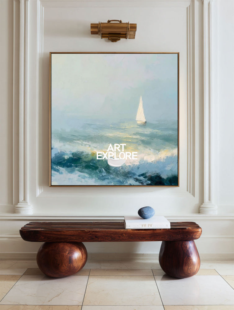 Textured Seascape Oil Painting With Sailboat For Modern Coastal Home Decor