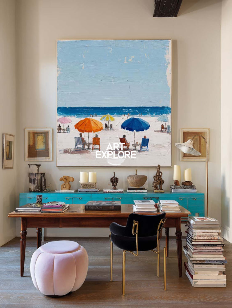 Vibrant Abstract Beach Painting With Orange Umbrellas For Modern Coastal Decor