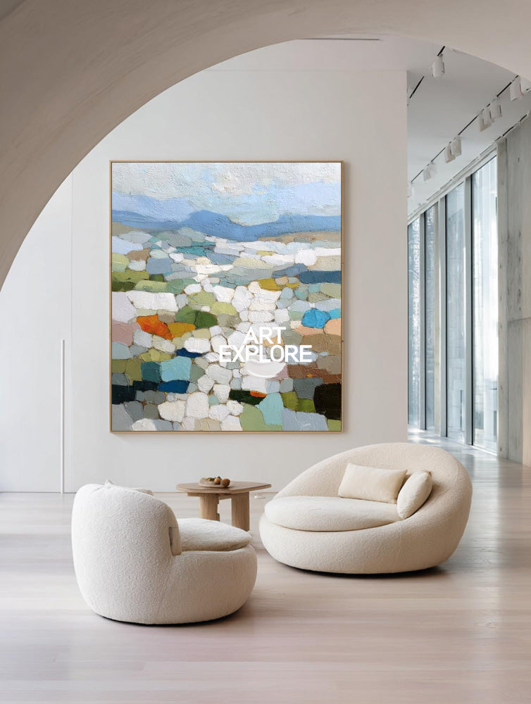 Mosaic Landscape Oil Painting With Textured Brushwork For Modern Living Room Decor