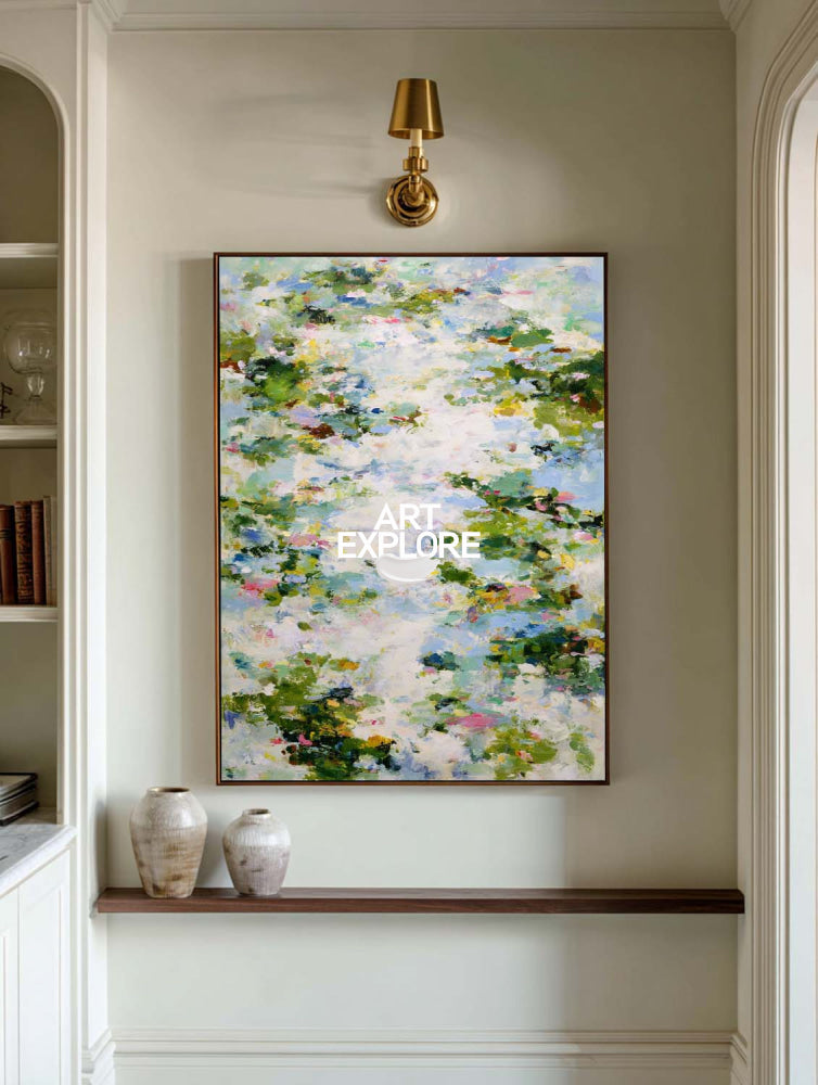 Original Botanical Abstract Art Green And White Floral Canvas For Bedroom
