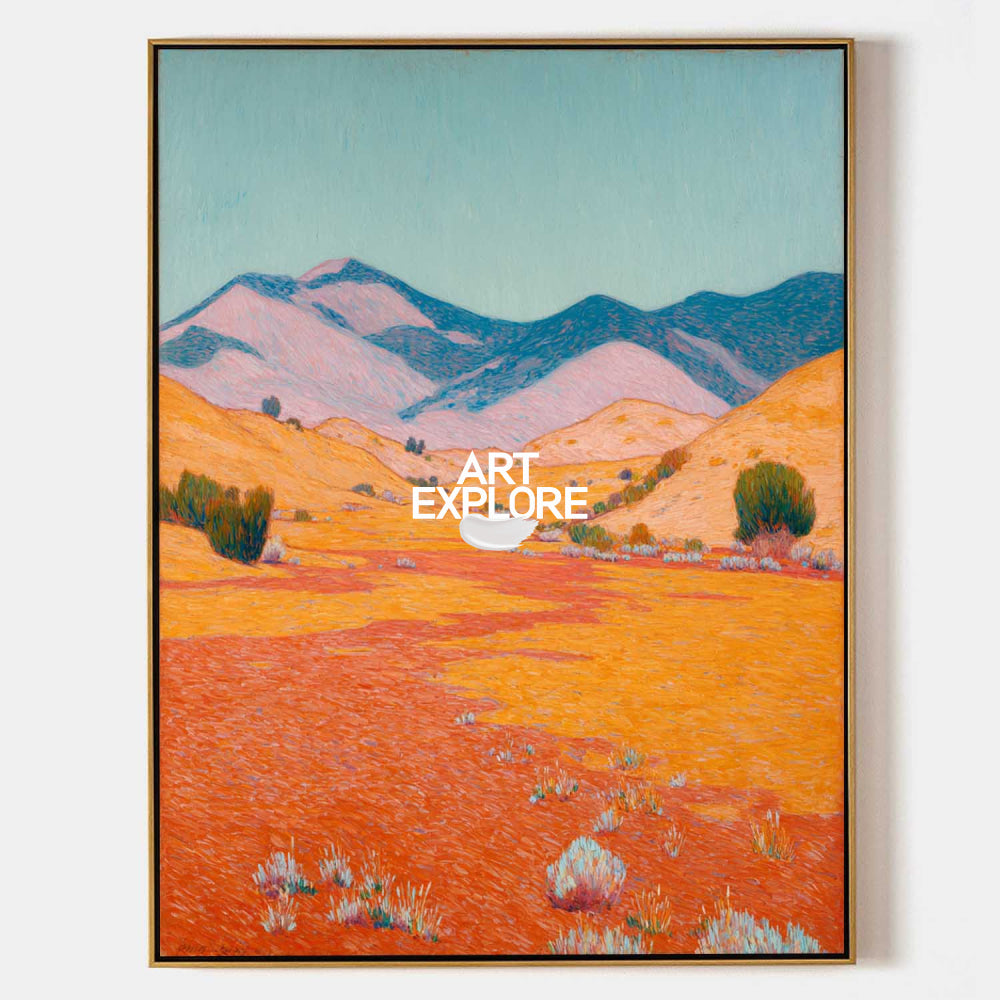 Abstract Desert Landscape Painting With Textured Orange And Blue Hues For Modern Home Decor