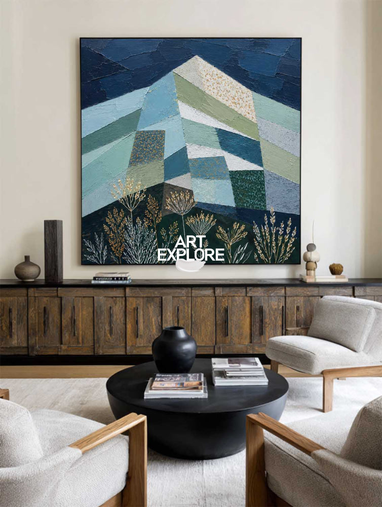 Geometric Mountain Art Painting Blue Green Gold Abstract Square Canvas For Modern Living Room Office Decor