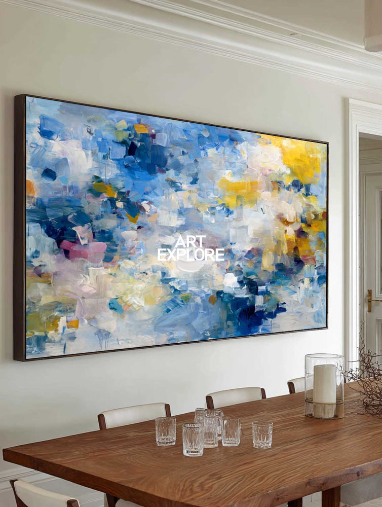 Abstract Impressionist Painting With Blue And Yellow Textured Art For Modern Living Room