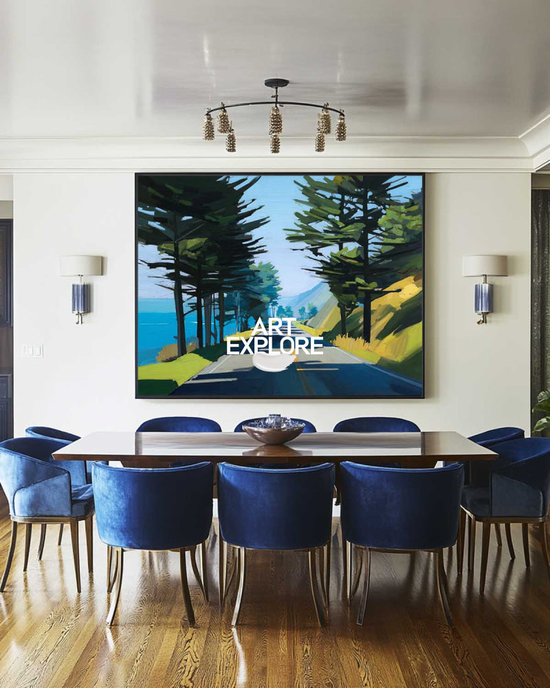 Abstract Coastal Highway Landscape Painting With Blue Green Tones For Modern Home Decor