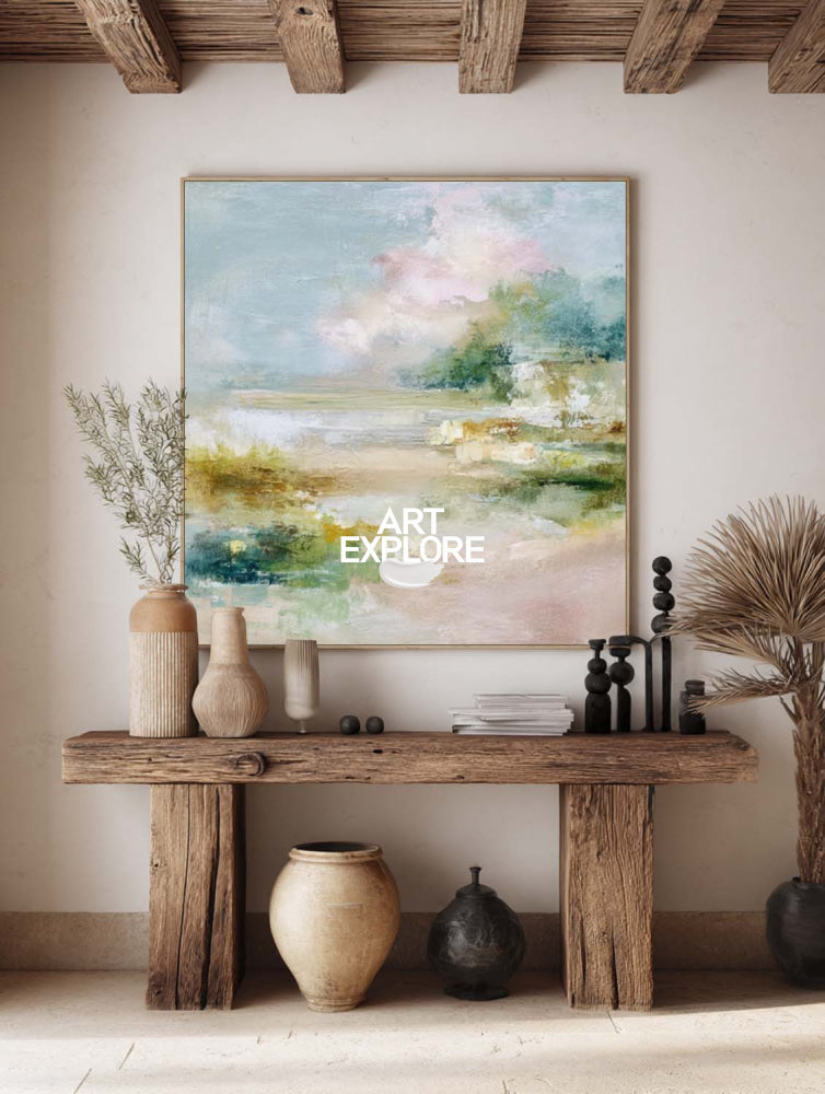 Abstract Estuary Landscape Painting With Soft Blues And Greens For Modern Home Decor