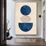 Large Beige And Blue Textured Geometric Painting Modern Minimalist Wall Art for Living Room
