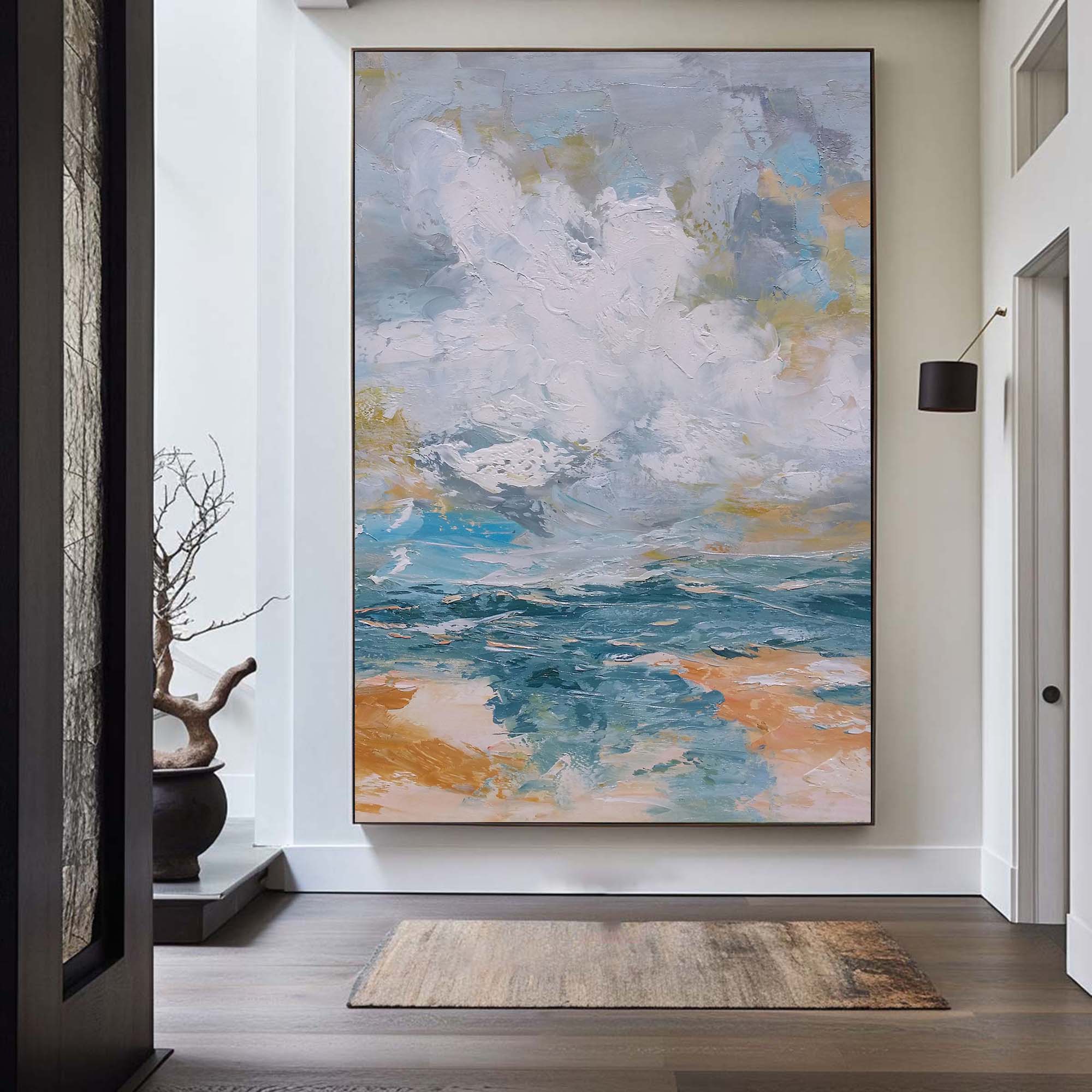 Vertical Modern Beach Canvas Painting Abstract Ocean Painting Large Beach Artwork For Living Room