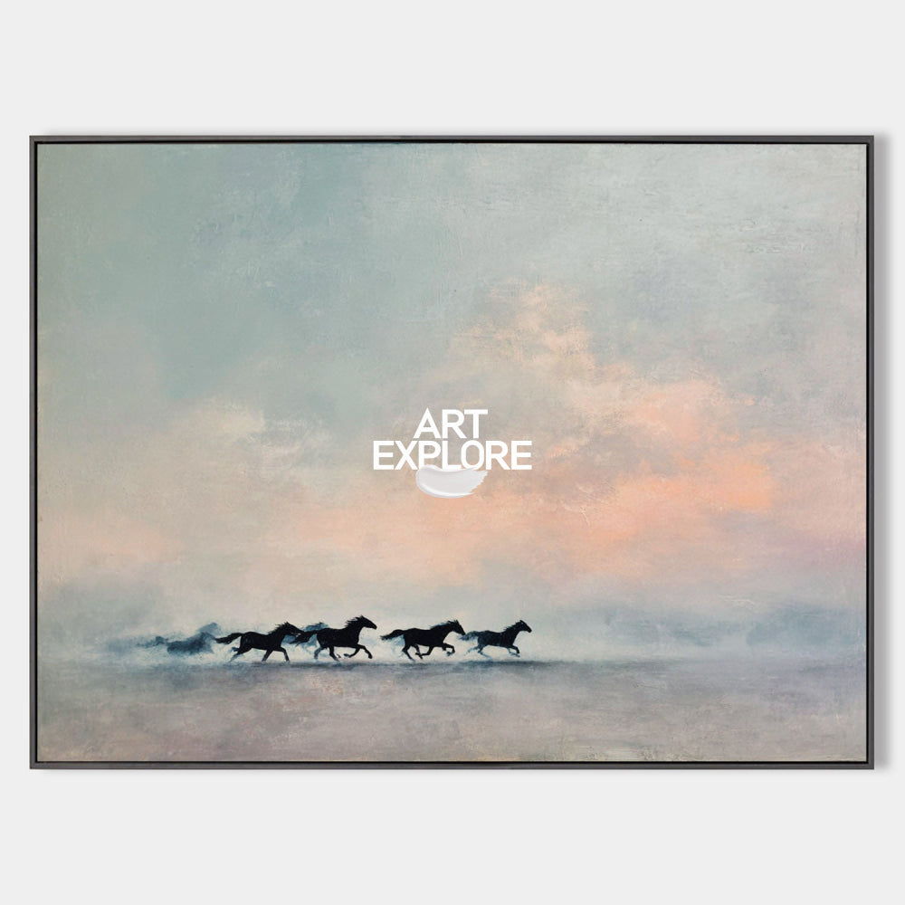 Minimalist Running Horse Painting Textured Blue Grey Wall Art For Living Room