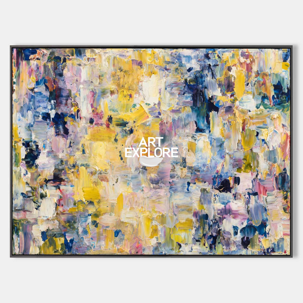 Modern Abstract Oil Painting With Yellow Blue Purple For Living Room Decor