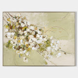 Modern Floral Oil Painting With Textured Green And White Blossoms For Living Room Decor