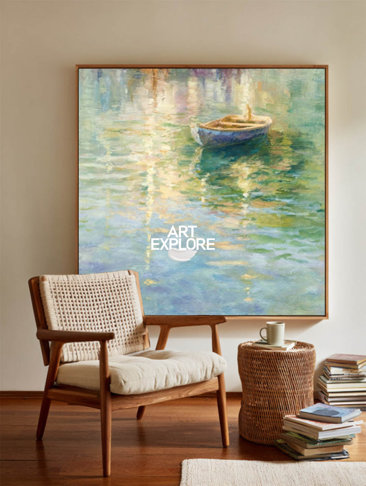 Original Impressionist Lakeside Painting With Rowboat For Elegant Living Room Wall Art
