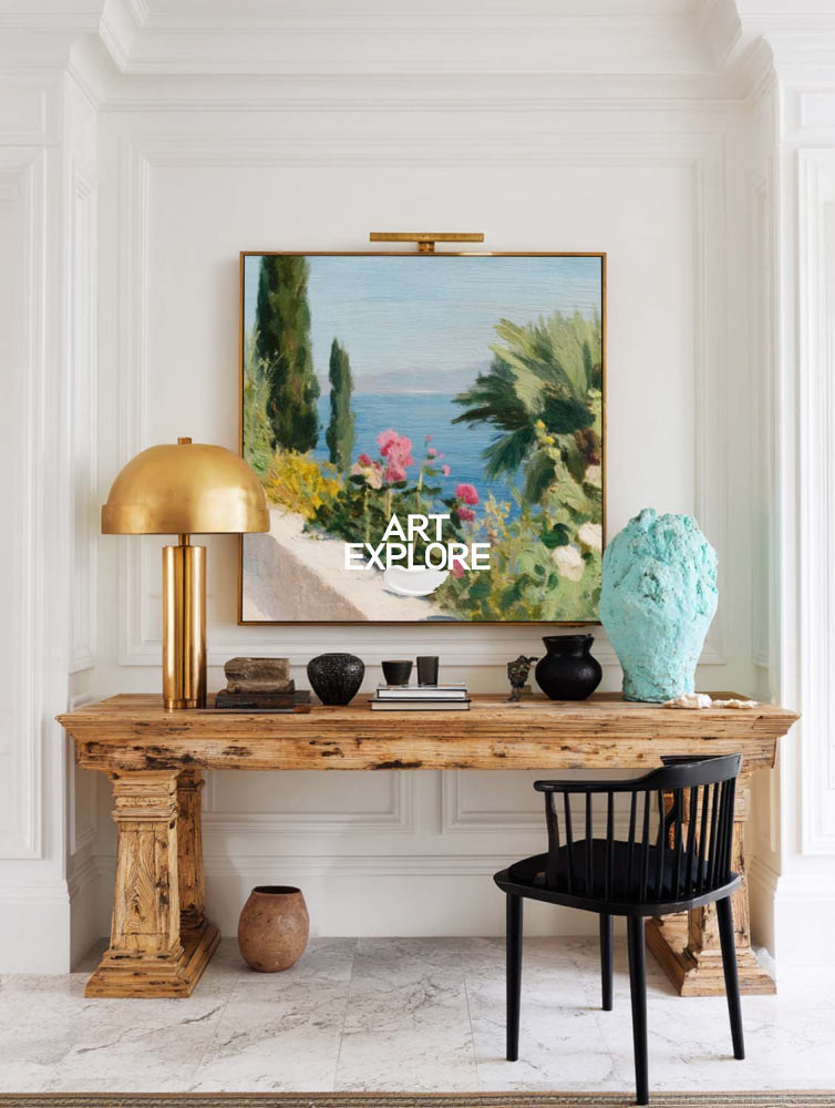 Modern Mediterranean Floral Seascape Painting With Pink Roses And Blue Ocean View For Living Room Decor