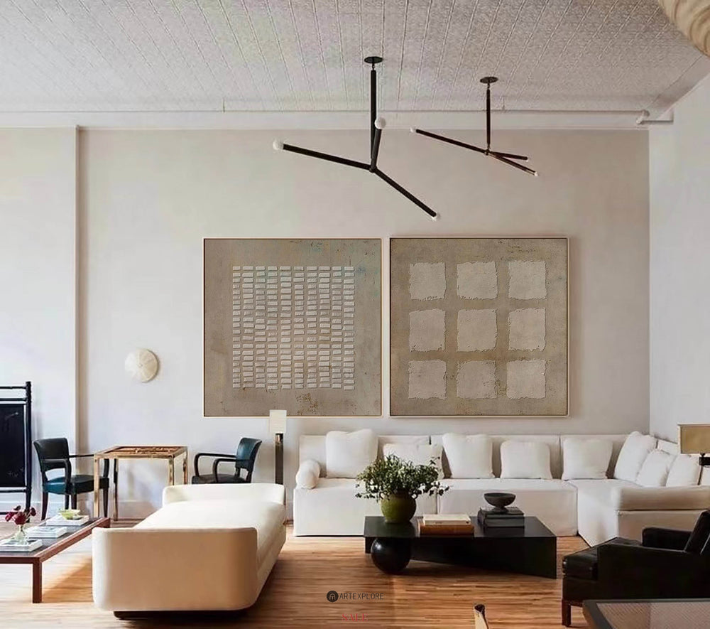 Wabi-Sabi Brown Minimalist Painting Plaster Painting Abstract Square Framed Art For Sale