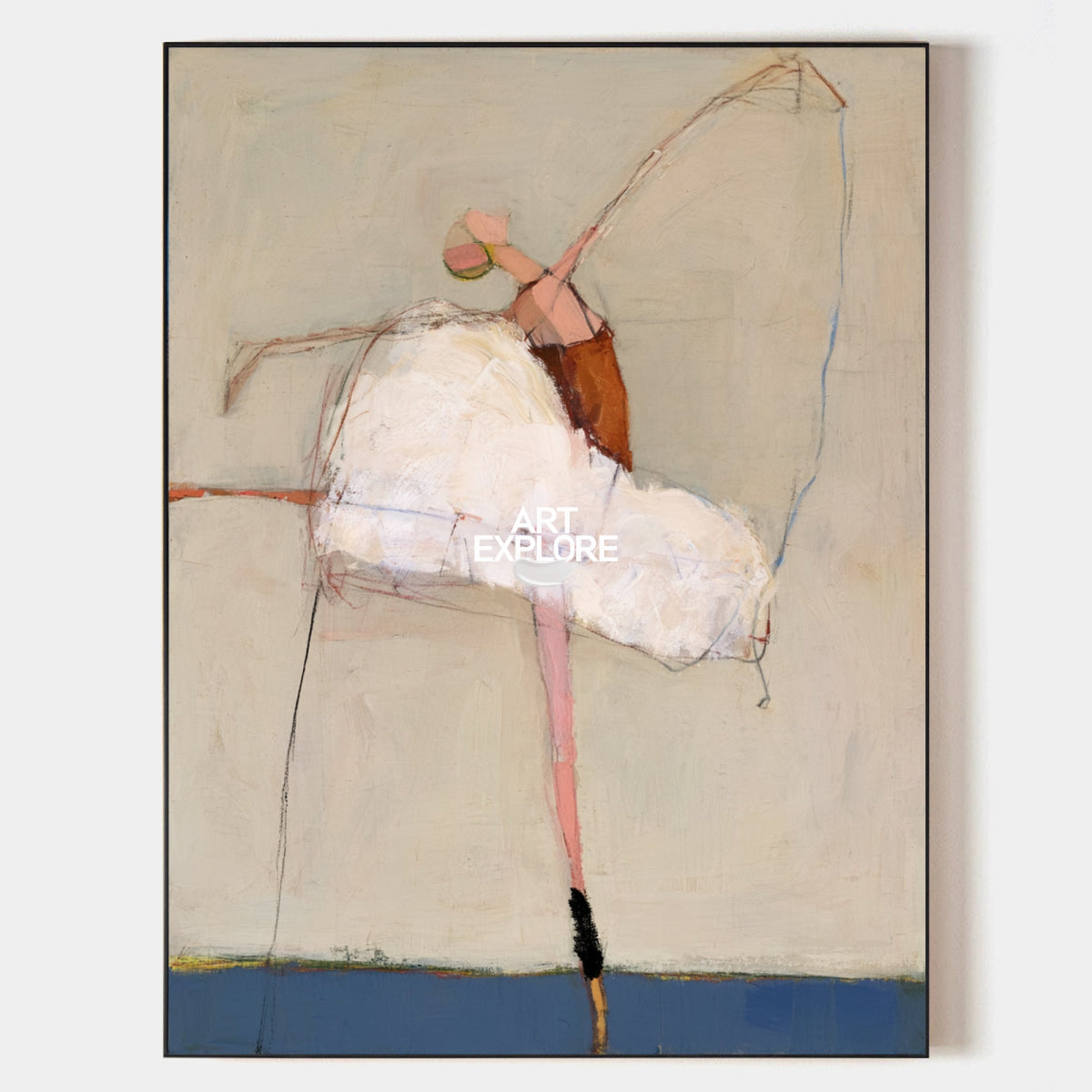 Abstract Ballet Dancer Canvas Painting In Beige And Blue Tones Hand-Painted Wall Art