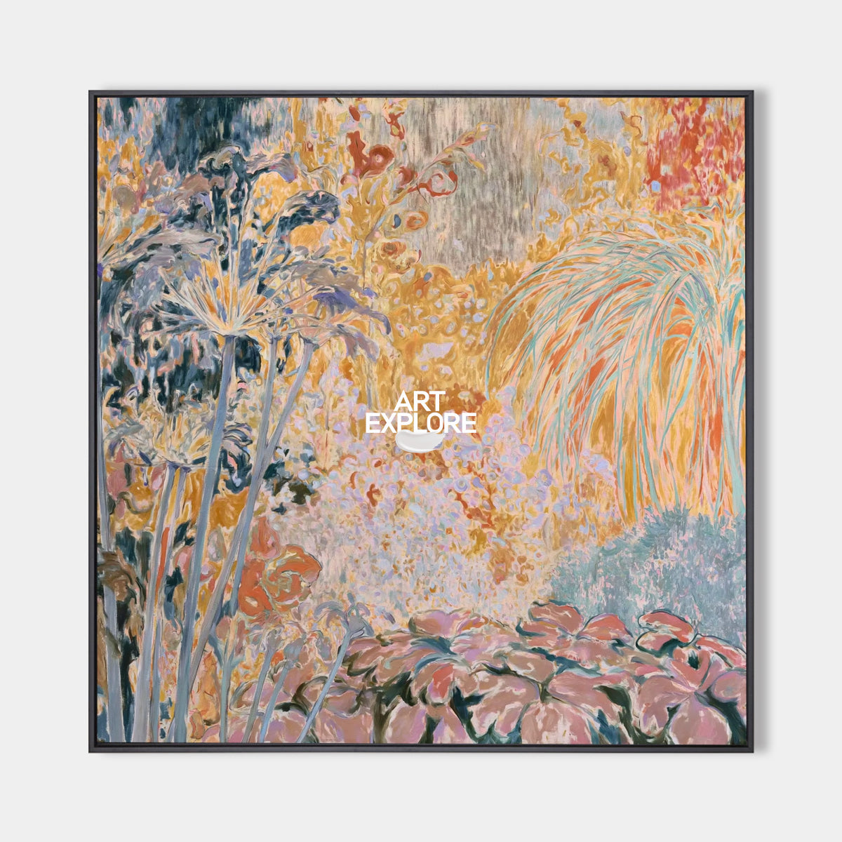 Abstract Botanical Canvas Painting With Pink And Orange Floral Colors