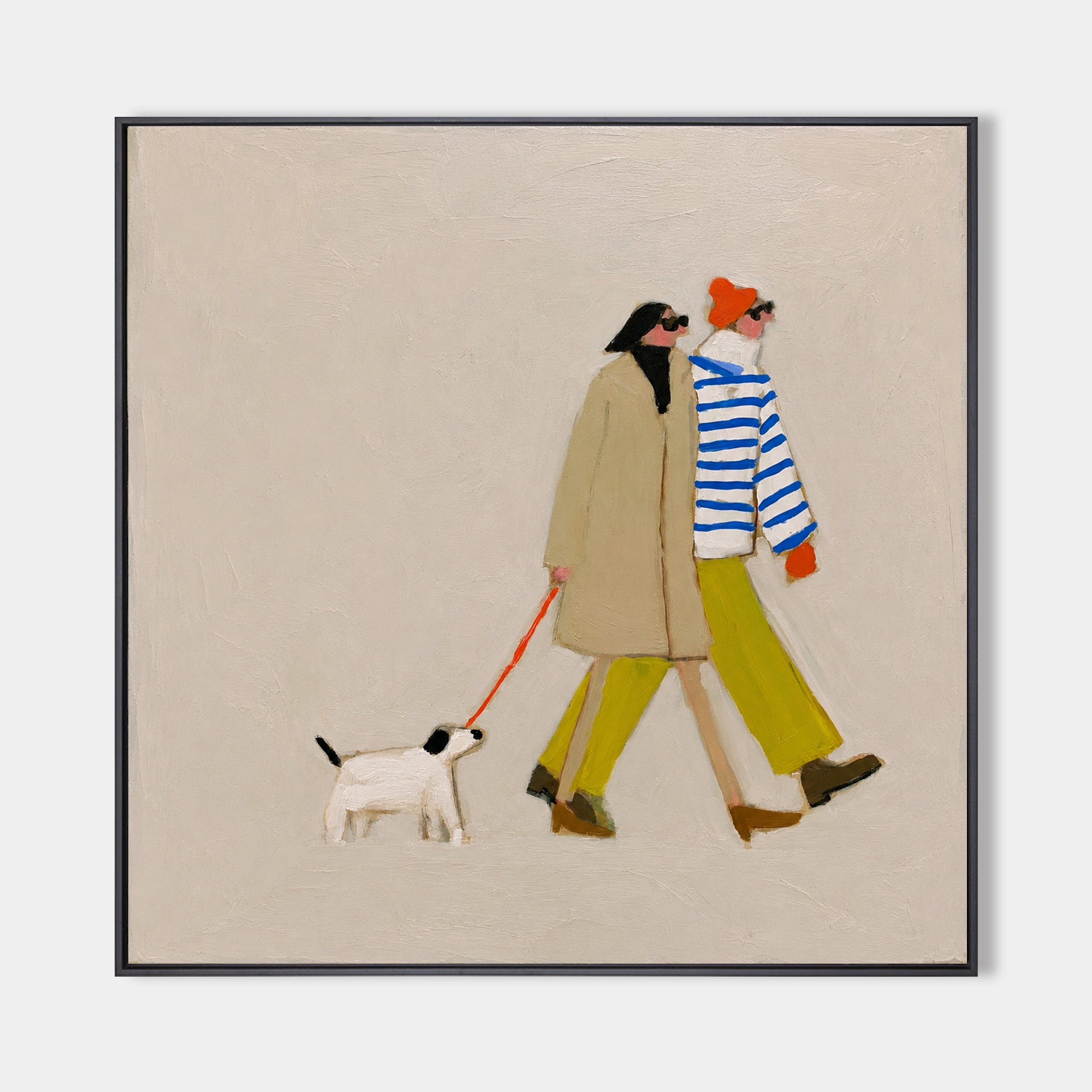 Dog Walking Couple Artwork Square Canvas Print With Vibrant Accents For Entryway