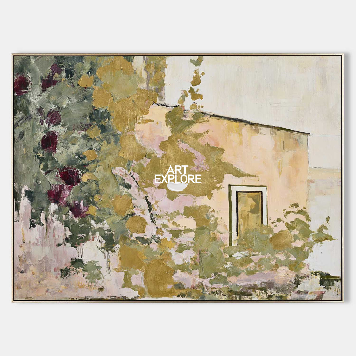 Abstract Floral Landscape Canvas Painting With Beige And Green Tones For Modern Walls