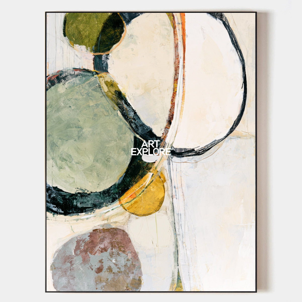 Abstract Geometric Canvas Painting With Green And Beige Tones For Modern Wall Art