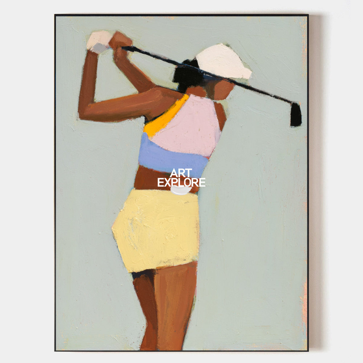 Abstract Golfer Painting Hand-Painted Canvas Wall Art In Green And Pastel Colors